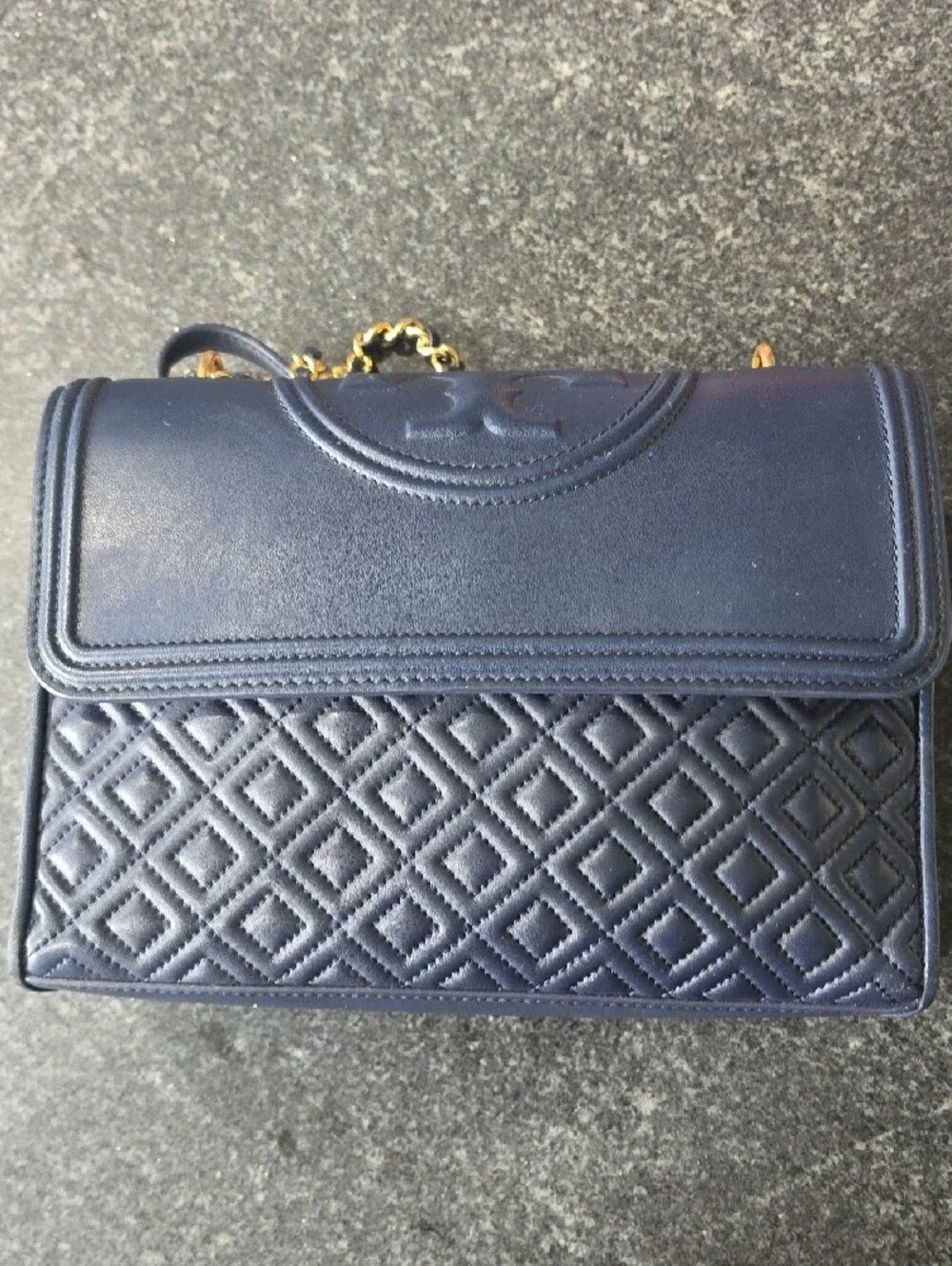 Tory Burch Navy Leather Quilted Flap Shoulder Bag with Gold Chain